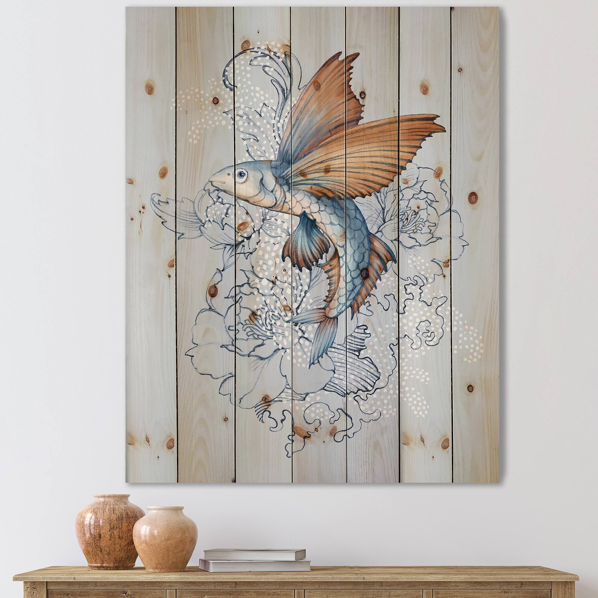 Designart - Flying Fish On Peonies - Traditional Print on Natural Pine Wood